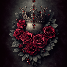 Load image into Gallery viewer, Decorative design of red roses and a crown on a dark background
