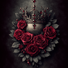 Load image into Gallery viewer, Decorative design of red roses and a crown on a dark background