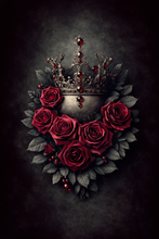 Load image into Gallery viewer, Decorative design of red roses and a crown on a dark background