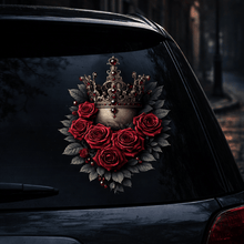 Load image into Gallery viewer, Decorative decal of roses and a crown on a car's rear window at night.