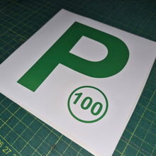 Load image into Gallery viewer, Green 'P' and number 100 sign on a white background, placed on a green cutting mat.