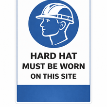 Load image into Gallery viewer, Safety sign with a hard hat icon and text 'Hard hat must be worn on this site' on a white background.