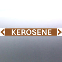 Load image into Gallery viewer, A pipe marker label with the word 'KEROSENE' in bold black lettering on a golden tan background with a white border and green directional arrows pointing to the right.