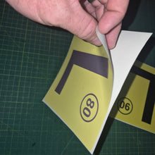 Load image into Gallery viewer, Hand holding a yellow traffic sign with black lettering on a green cutting mat.