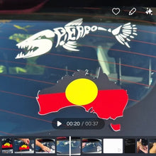 Load image into Gallery viewer, Car window with decorative stickers, including a fish skeleton, Aboriginal flag, and geometric design.