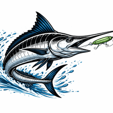 Load image into Gallery viewer, Illustration of a marlin chasing a lure on a white sticker background