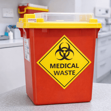 Load image into Gallery viewer, Red medical waste bin with yellow lid and biohazard symbol in a clinical setting