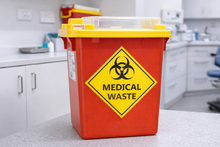 Load image into Gallery viewer, Red medical waste bin with yellow lid and biohazard symbol in a clinical setting