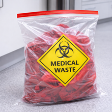 Load image into Gallery viewer, Bag labeled 'Medical Waste' with biohazard symbol on a countertop.