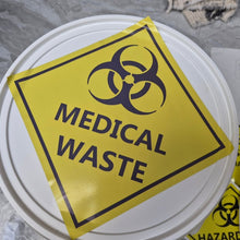 Load image into Gallery viewer, Yellow 'Medical Waste' sign with biohazard symbol on a white container lid.
