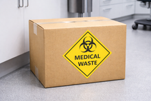 Load image into Gallery viewer, Cardboard box with a biohazard medical waste label in an indoor setting.