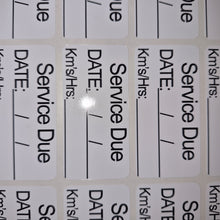 Load image into Gallery viewer, Multiple 'Service Due' labels with fields for date, kilometers, and hours on a white background.
