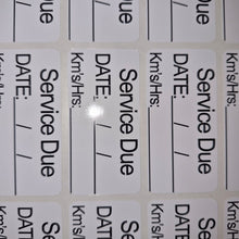 Load image into Gallery viewer, Multiple 'Service Due' labels with fields for date, kilometers, and hours on a white background.