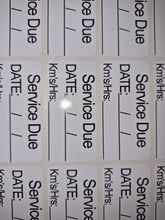 Load image into Gallery viewer, Multiple 'Service Due' labels with fields for date, kilometers, and hours on a white background.