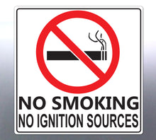 Load image into Gallery viewer, No smoking sign with a red circle and line through a cigarette on a reflective surface.