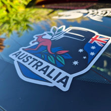 Load image into Gallery viewer, Ned Kelly Australia-themed car decal with kangaroo and Eucalyptus leaves on a reflective surface.