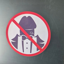 Load image into Gallery viewer, No Dickheads Allowed decal with a red circle and diagonal line over a purple and white illustration on a dark background.