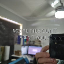 Load image into Gallery viewer, Blurry indoor setting with text overlay 'NOSEY LITTLE CUNT... AREN'T YOU?'