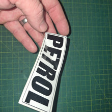 Load image into Gallery viewer, Hand holding a 'PETROL' decal on a green cutting mat for a fuel tank