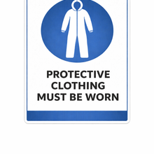 Load image into Gallery viewer, Sign with a blue circle and white figure, indicating 'Protective Clothing Must Be Worn'.