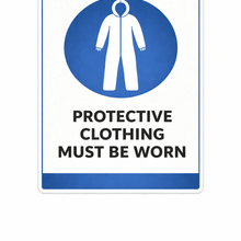 Load image into Gallery viewer, Sign with a blue circle and white figure, indicating 'Protective Clothing Must Be Worn'.