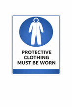 Load image into Gallery viewer, Sign with a blue circle and white figure, indicating 'Protective Clothing Must Be Worn'.