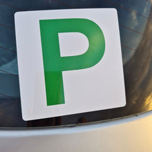 Load image into Gallery viewer, Green and white 'P' plate on a car window