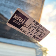 Load image into Gallery viewer, Real customers logo on our service due K&RH Mechanical Maintenance sticker on a car window with service details.