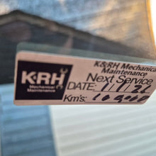 Load image into Gallery viewer, Real customers logo on our service due labels K&RH Mechanical Maintenance sticker on a vehicle windshield with service details.