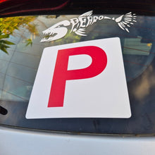 Load image into Gallery viewer, Red 'P' plate Sticker on a car window with a white decal of a fish.