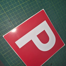 Load image into Gallery viewer, Red square with a white 'P' on a green grid background