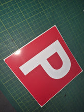 Load image into Gallery viewer, Red square with a white 'P' on a green grid background