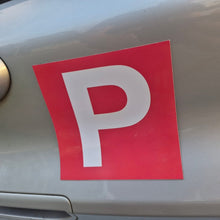 Load image into Gallery viewer, Red square magnet with white 'P' on a car, indicating a Provisional driver.