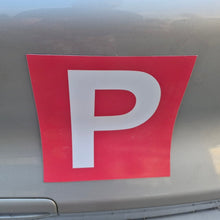Load image into Gallery viewer, Red and white 'P' magnetic plate on a car, indicating a Provisional driver.