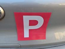 Load image into Gallery viewer, Red and white 'P' magnetic plate on a car, indicating a Provisional driver.