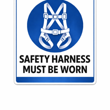Load image into Gallery viewer, Safety harness warning sign with text 'Safety harness must be worn' on a white background