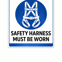 Load image into Gallery viewer, Safety harness warning sign with text 'Safety harness must be worn' on a white background