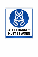Load image into Gallery viewer, Safety harness warning sign with text 'Safety harness must be worn' on a white background