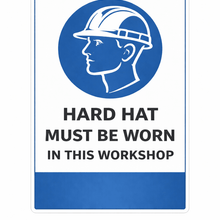 Load image into Gallery viewer, Safety sign requiring hard hats in a workshop with a blue circle and white background.