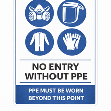 Load image into Gallery viewer, Safety sign with PPE symbols and text on a white background