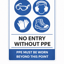 Load image into Gallery viewer, Safety sign with PPE symbols and text on a white background