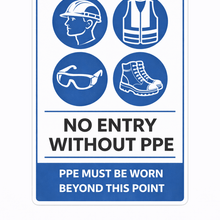 Load image into Gallery viewer, Safety sign with PPE symbols and text on a white background