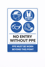 Load image into Gallery viewer, Safety sign with PPE symbols and text on a white background