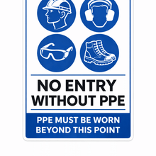 Load image into Gallery viewer, Safety sign with PPE symbols and text on a white background