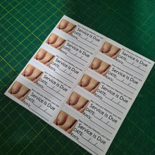 Load image into Gallery viewer, Sheet of 'Service is Due' labels with images of feet on a green cutting mat.