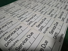 Load image into Gallery viewer, Sheet of labels with 'Service Due' and other text on a white background