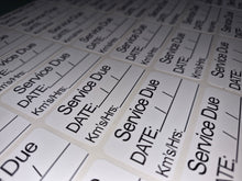 Load image into Gallery viewer, Sheet of labels with 'Service Due' text on a white background