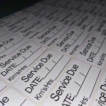 Load image into Gallery viewer, Sheet of pre-printed labels with 'Service Due' text on a white background