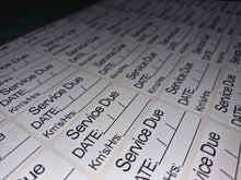 Load image into Gallery viewer, Sheet of pre-printed labels with 'Service Due' text on a white background