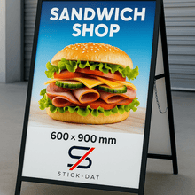 Load image into Gallery viewer, Outdoor sign for a sandwich shop with a large burger graphic and Stick-Dat branding.